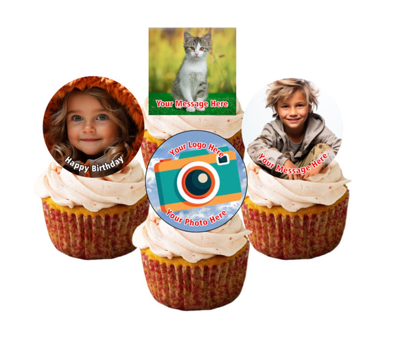 30 x Pre Cut Personalised Your Image or Logo Cupcake Topper