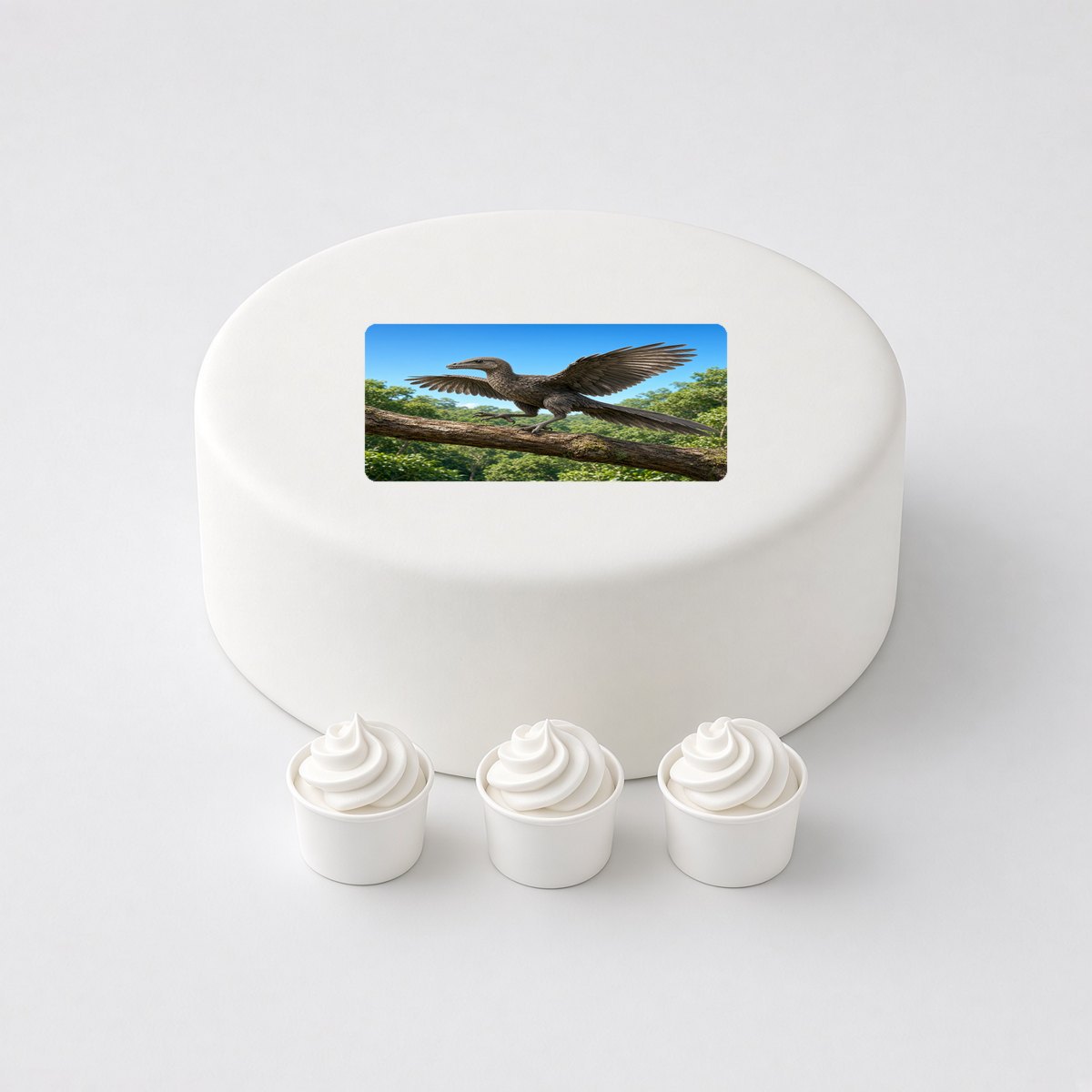 Archaeopteryx in a realistic scene, printed on a square cake topper on a white cake, with the words your text here above and below.