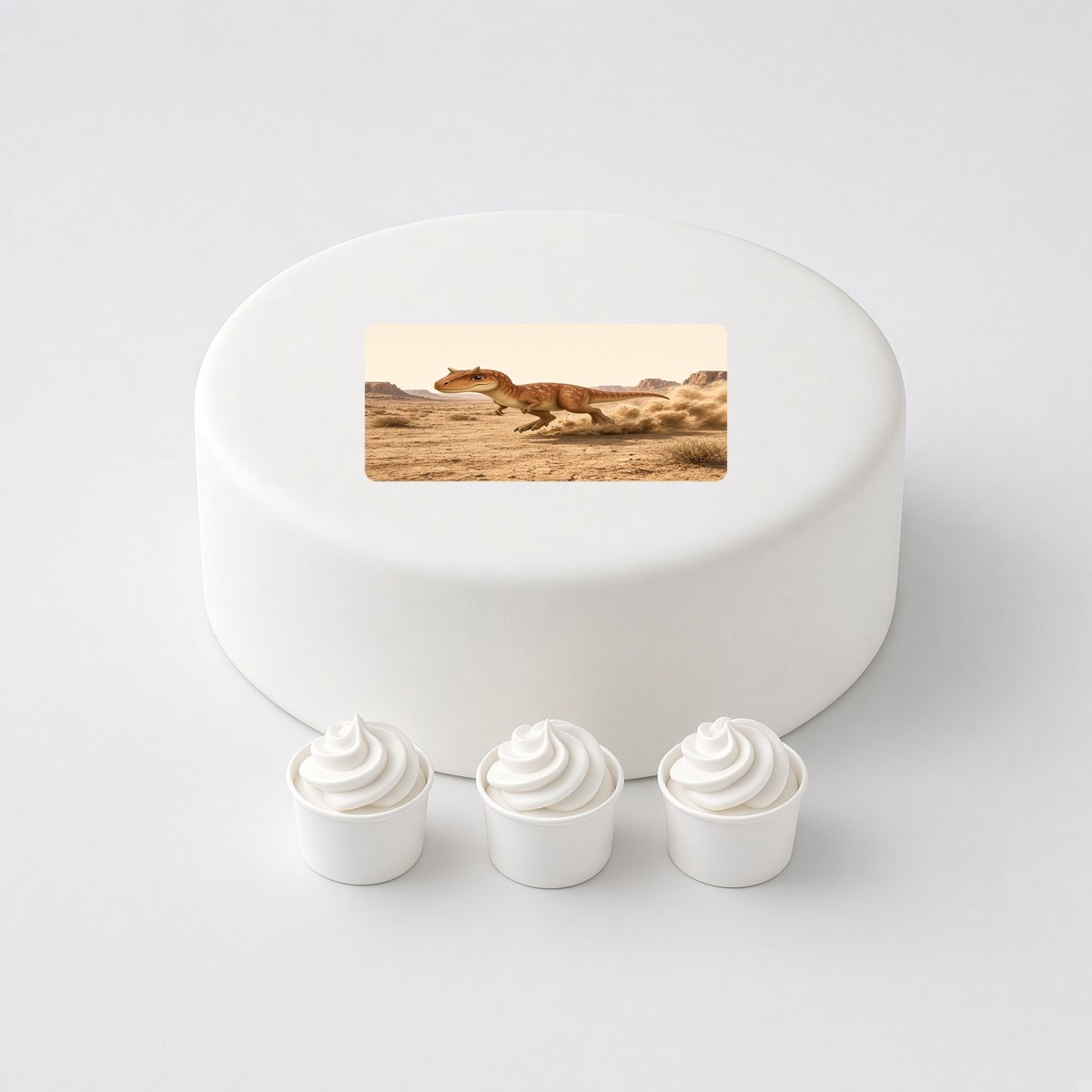 Carnotaurus in a cartoon scene, printed on a square cake topper on a white cake, with the words your text here above and below.
