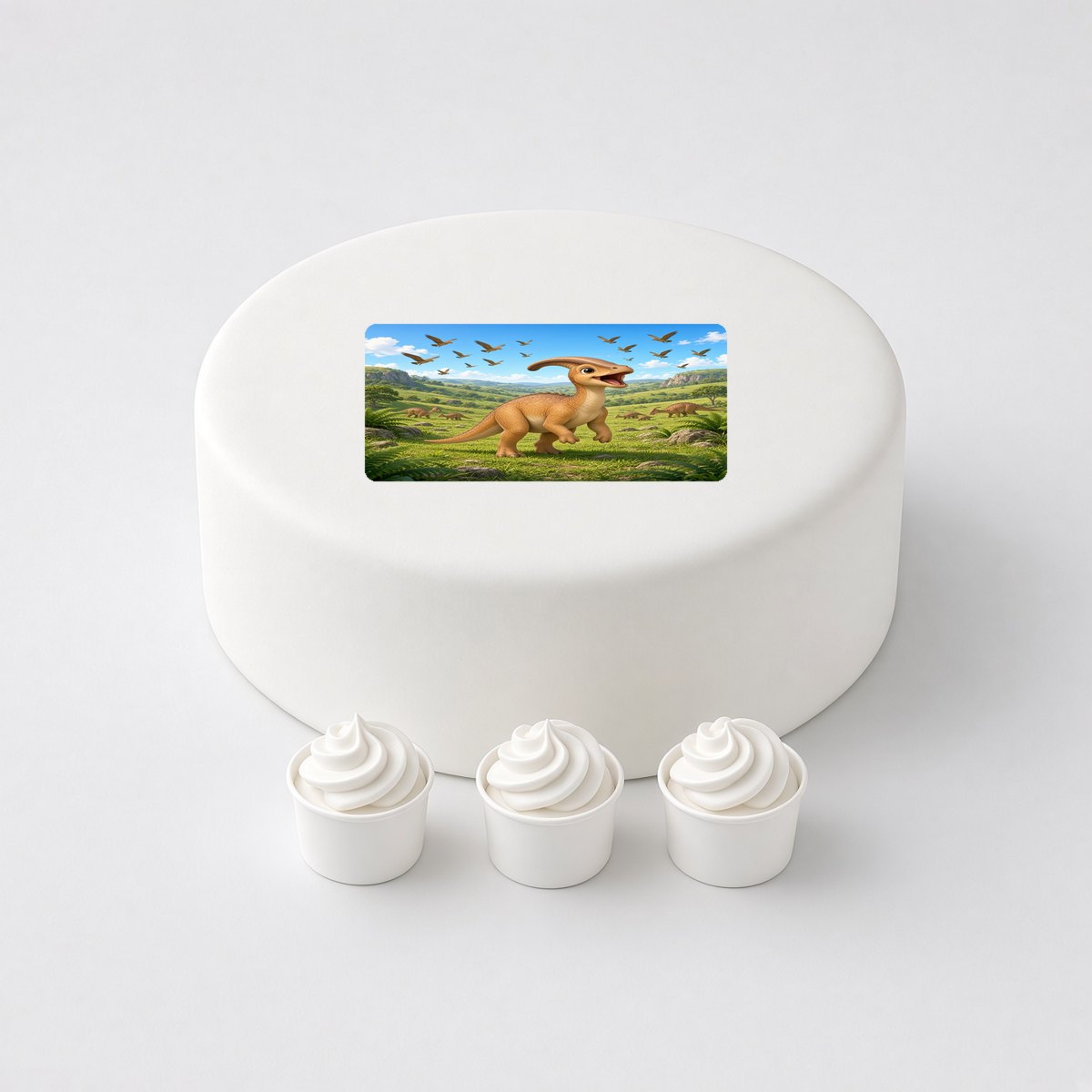 Parasaurolophus in a cartoon scene, printed on a square cake topper on a white cake, with the words your text here above and below.