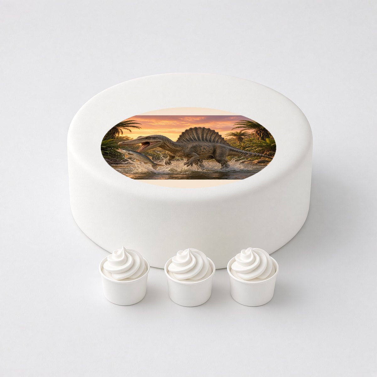 Spinosaurus in a realistic scene, printed on a circle cake topper on a white cake, with the words your text here above and below.