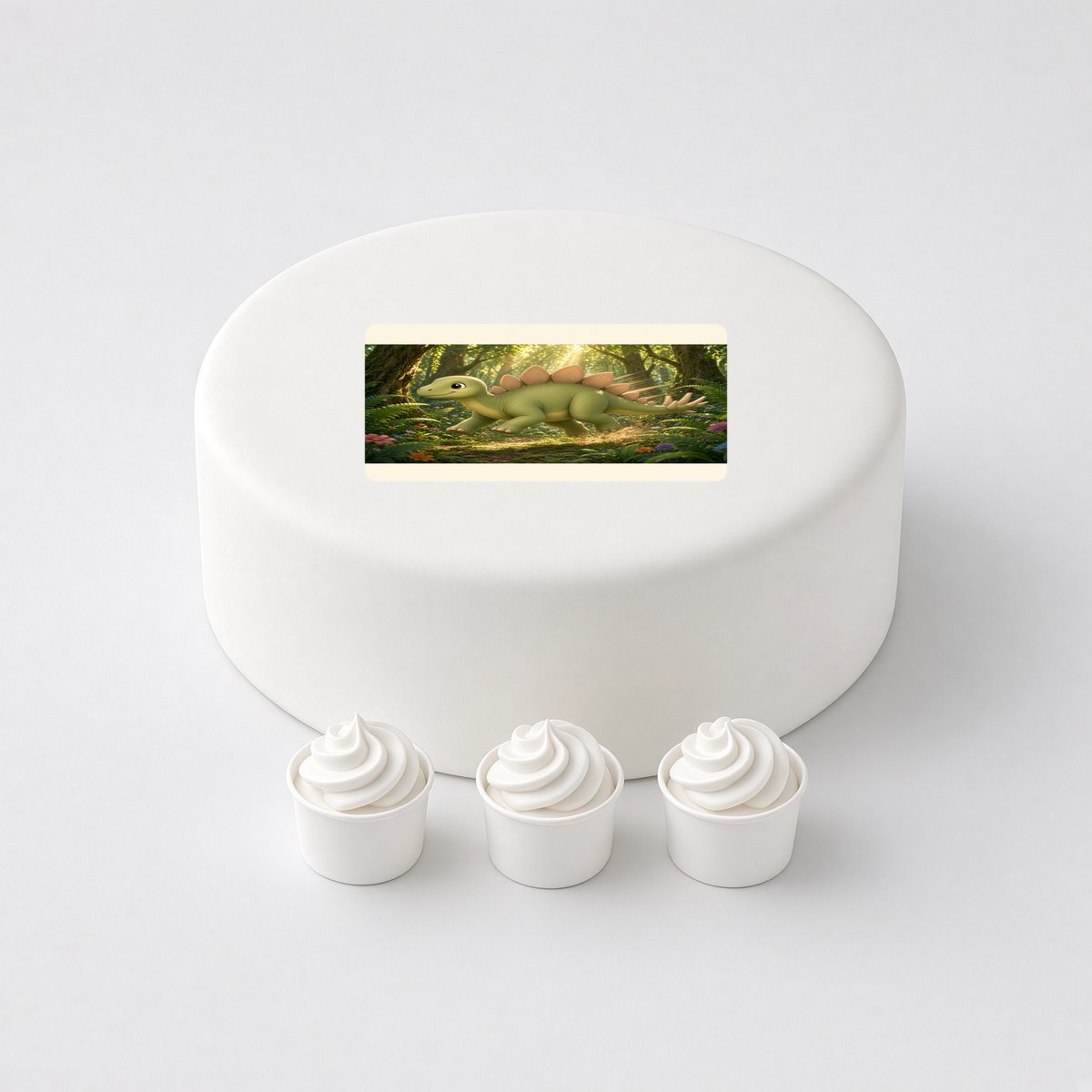 Stegosaurus in a cartoon scene, printed on a square cake topper on a white cake, with the words your text here above and below.